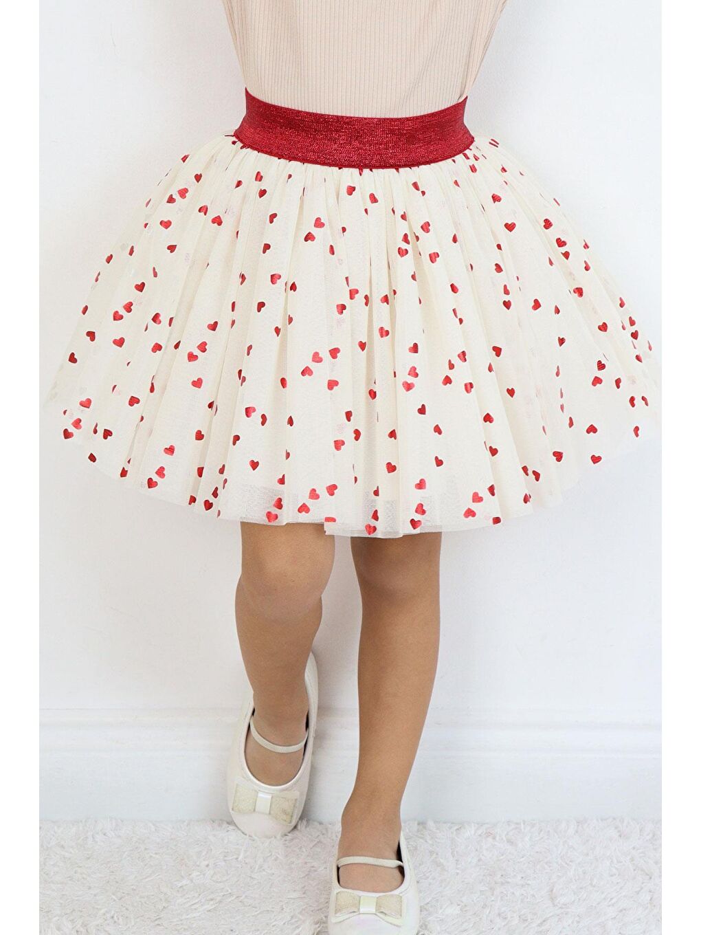 Kız Çocuk Tütü Etek Simli Kalp Desenli Beli Lastikli Ekru (5-10 Yaş)