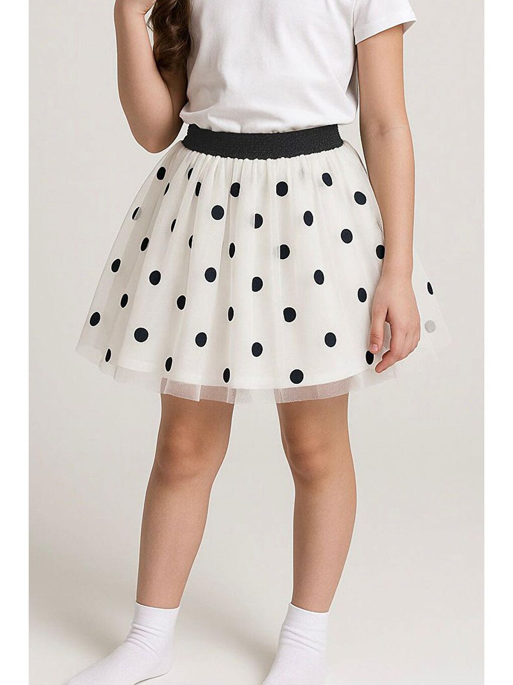 Kız Çocuk Tütü Etek Puan Desenli Simli Beli Lastikli Beyaz (5-10 Yaş)