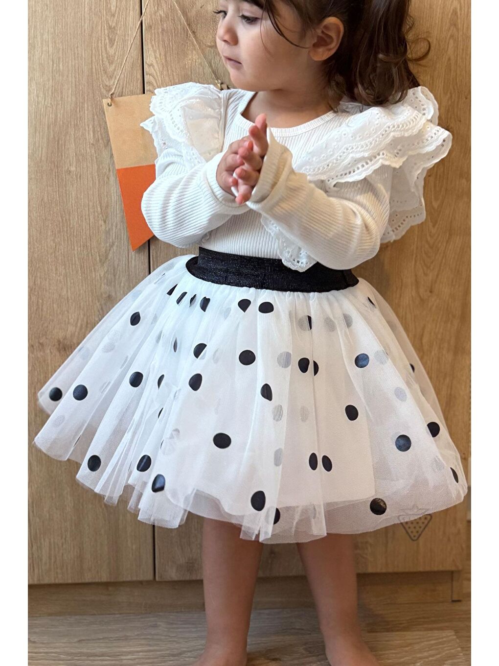 Kız Çocuk Tütü Etek Puan Desenli Simli Beli Lastikli Beyaz (5-10 Yaş)-1