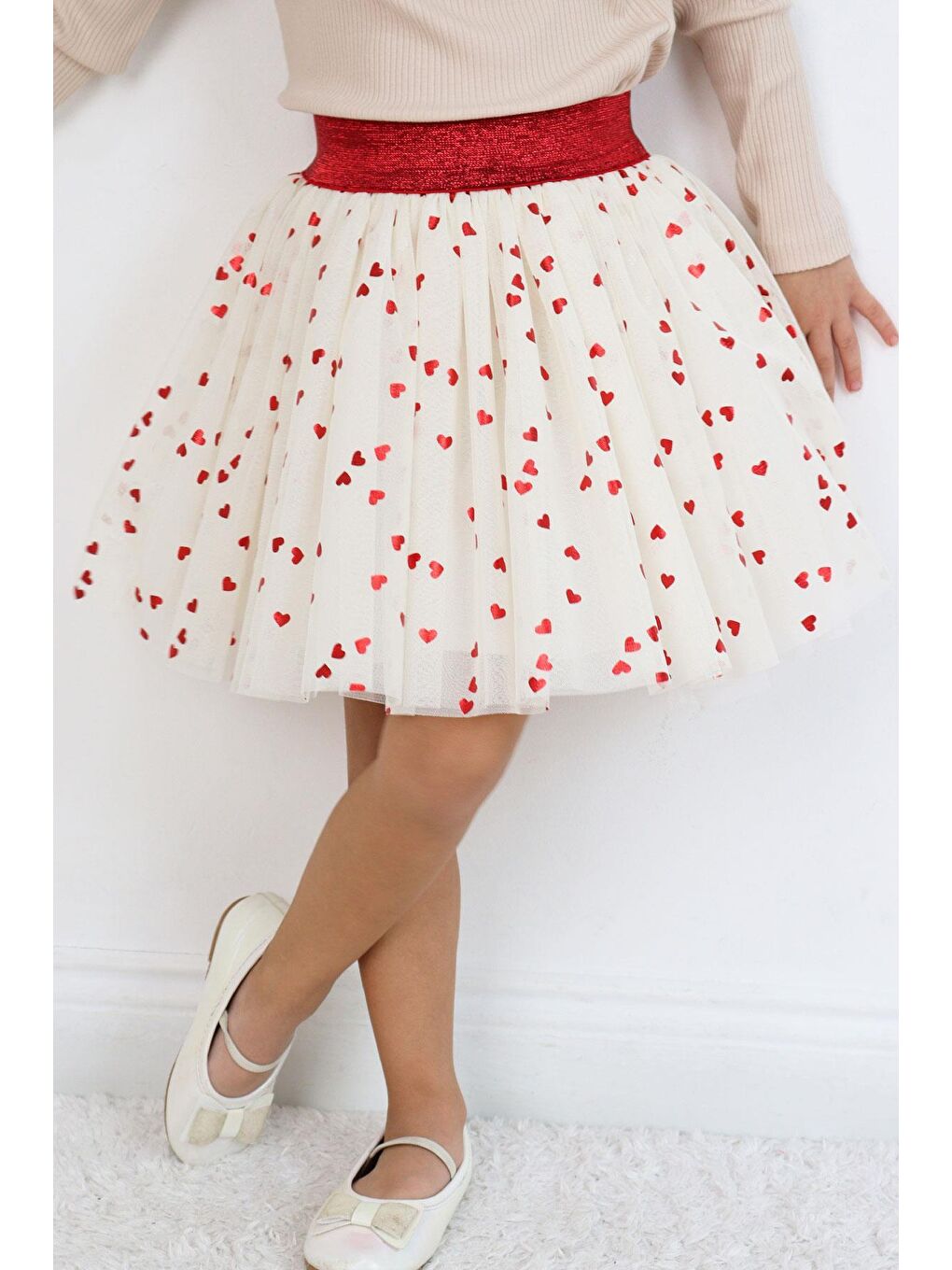 Kız Çocuk Tütü Etek Simli Kalp Desenli Beli Lastikli Ekru (5-10 Yaş)-1