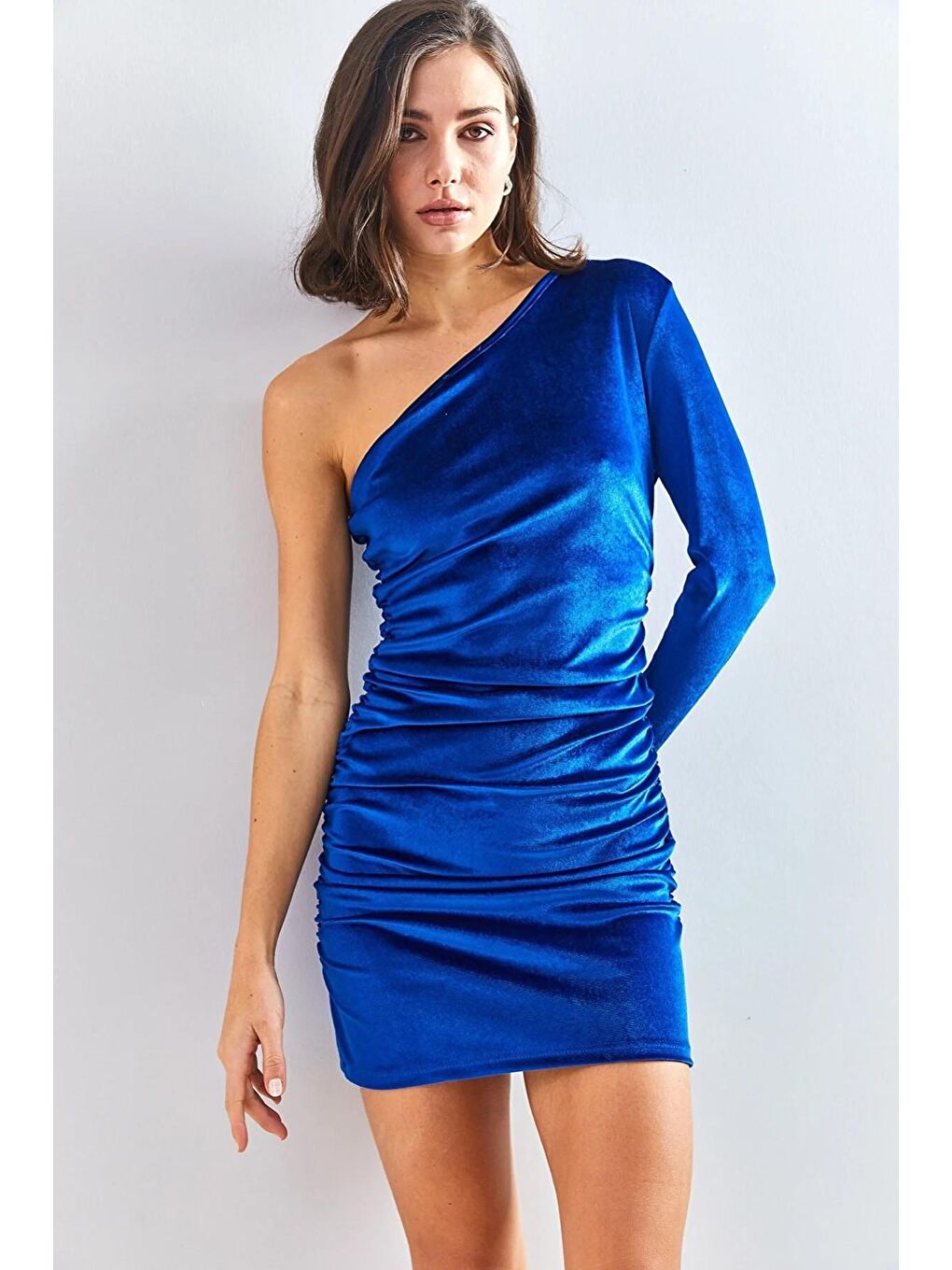 İndigo Kadın Tek Omuz Yanı Büzgülü Elbise 3039