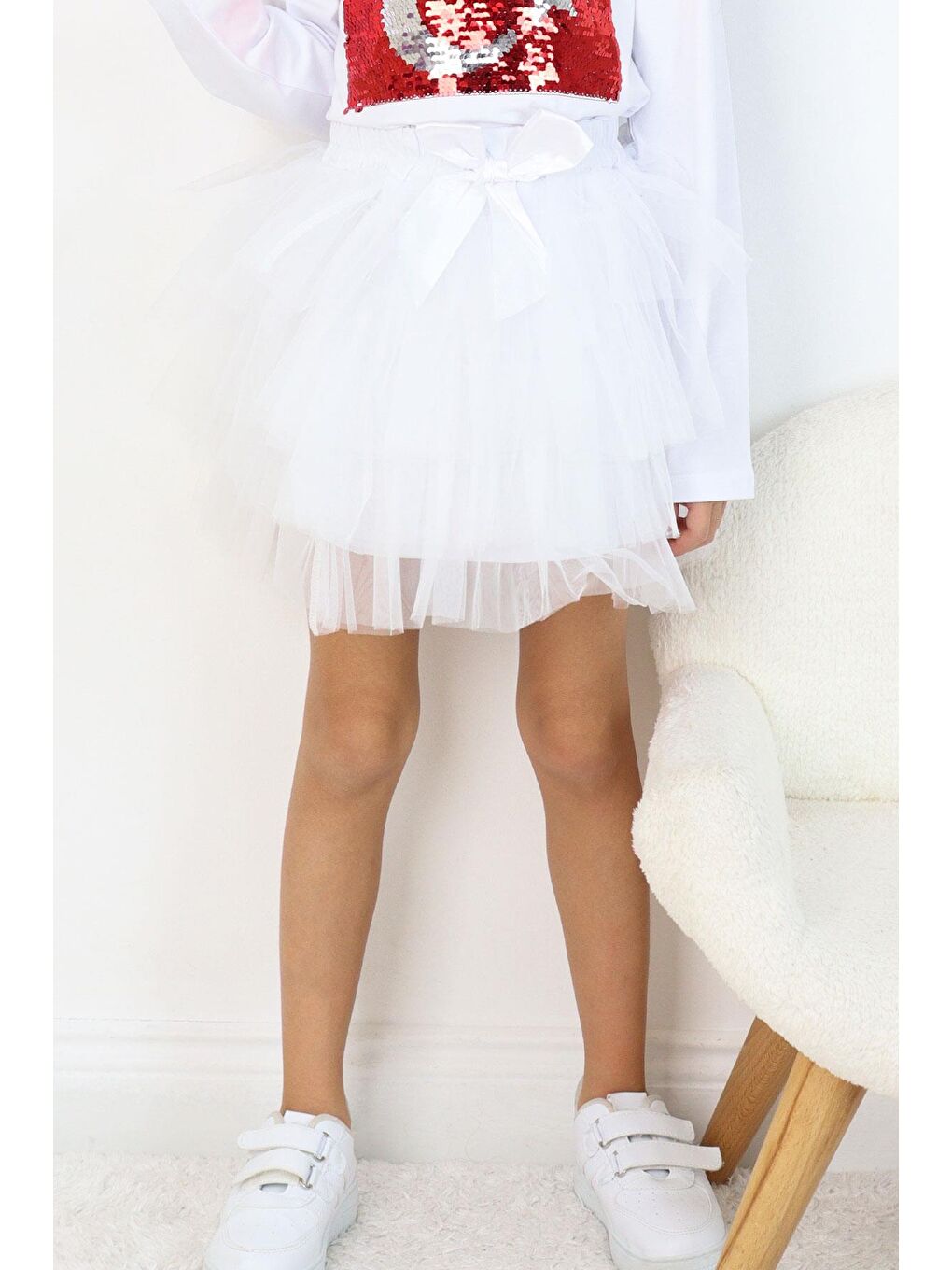 Kız Çocuk Tütü Etek Tül Detaylı Katlı Fiyonk Aksesuarlı Beyaz (4-8 Yaş)-1