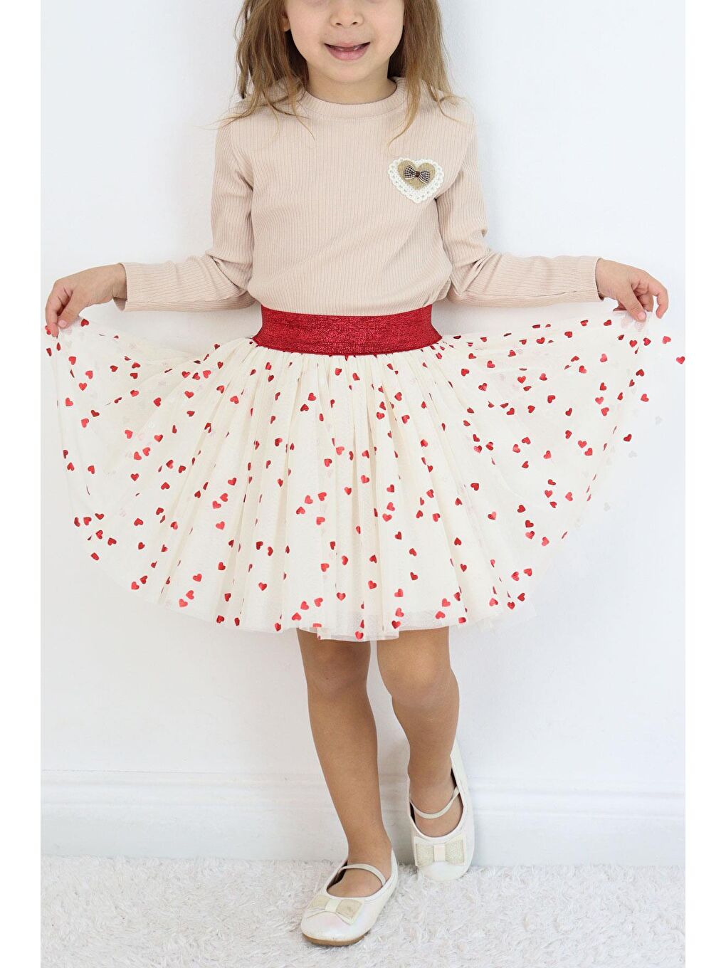 Kız Çocuk Tütü Etek Simli Kalp Desenli Beli Lastikli Ekru (5-10 Yaş)-2