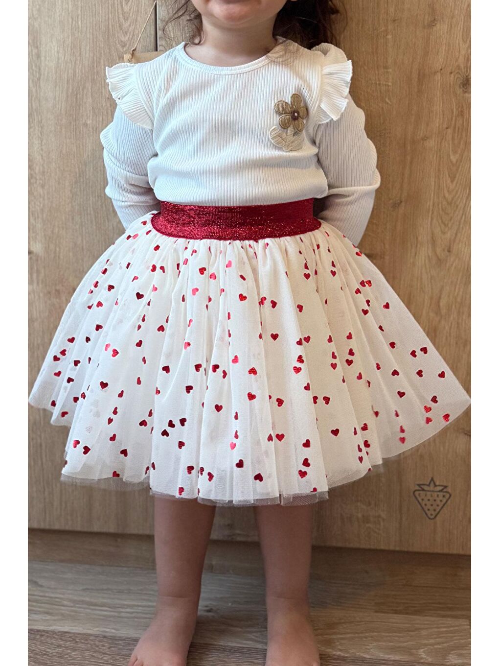 Kız Çocuk Tütü Etek Simli Kalp Desenli Beli Lastikli Ekru (5-10 Yaş)-3