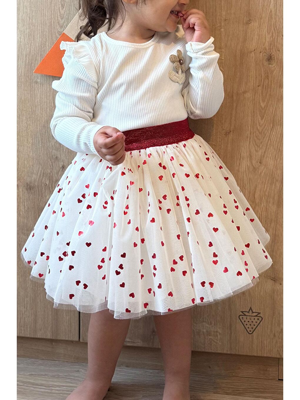 Kız Çocuk Tütü Etek Simli Kalp Desenli Beli Lastikli Ekru (5-10 Yaş)-4