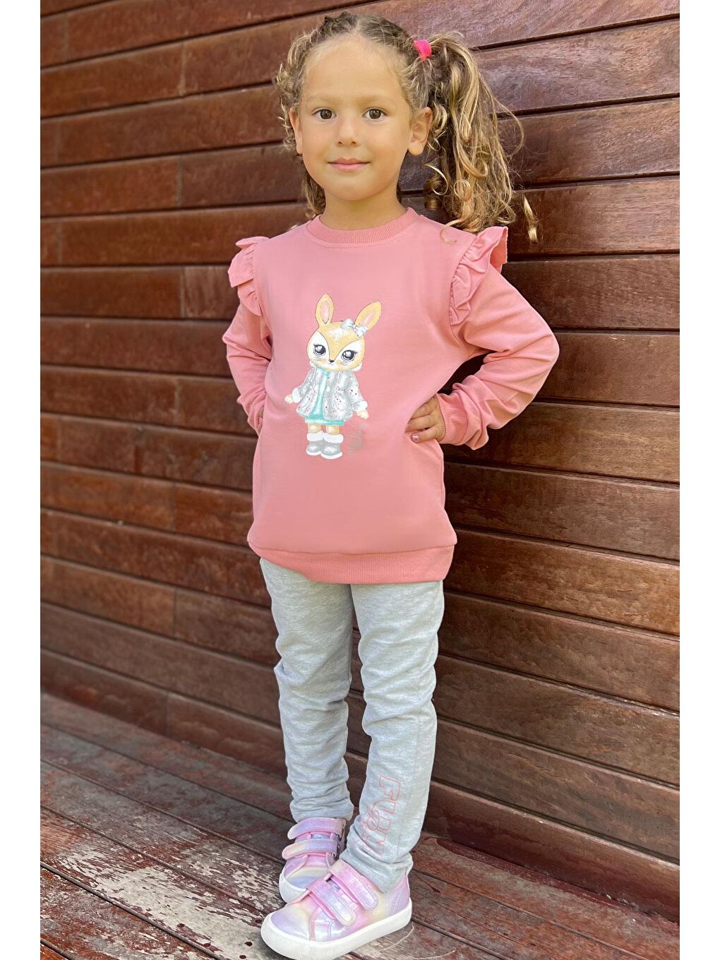 Pembe Kız Çocuk Eşofman Takım Sevimli Tavşancık Baskılı Gülkurusu (3 Yaş)-1