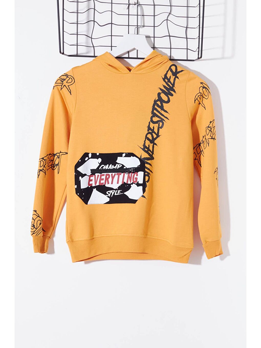 Sarı Erkek Çocuk Everything Baskılı Kapüşonlu Sweatshirt 14017