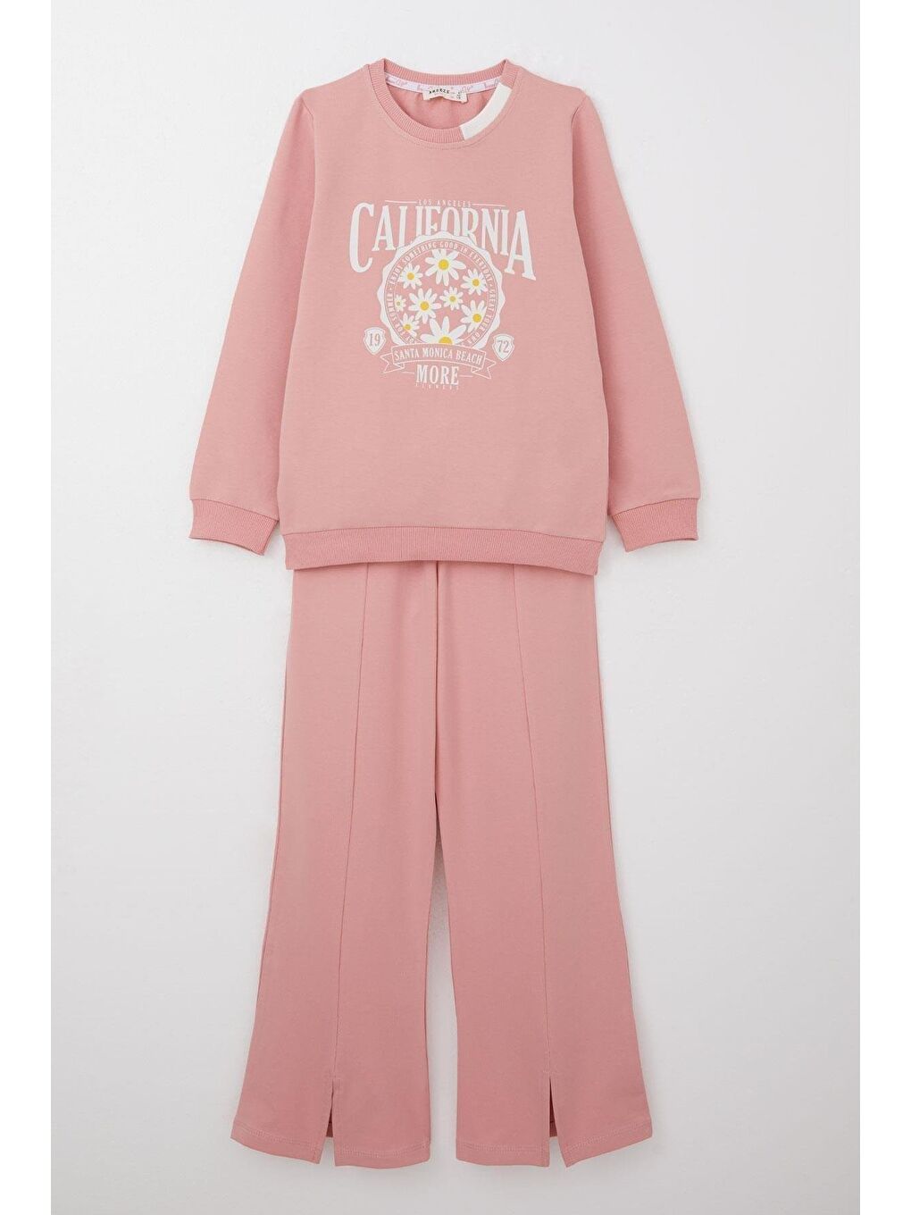 Pembe Kız Çocuk Eşofman Takım Çiçek Baskılı Geniş Paça Yırtmaçlı Gülkurusu (5-10 Yaş)-4