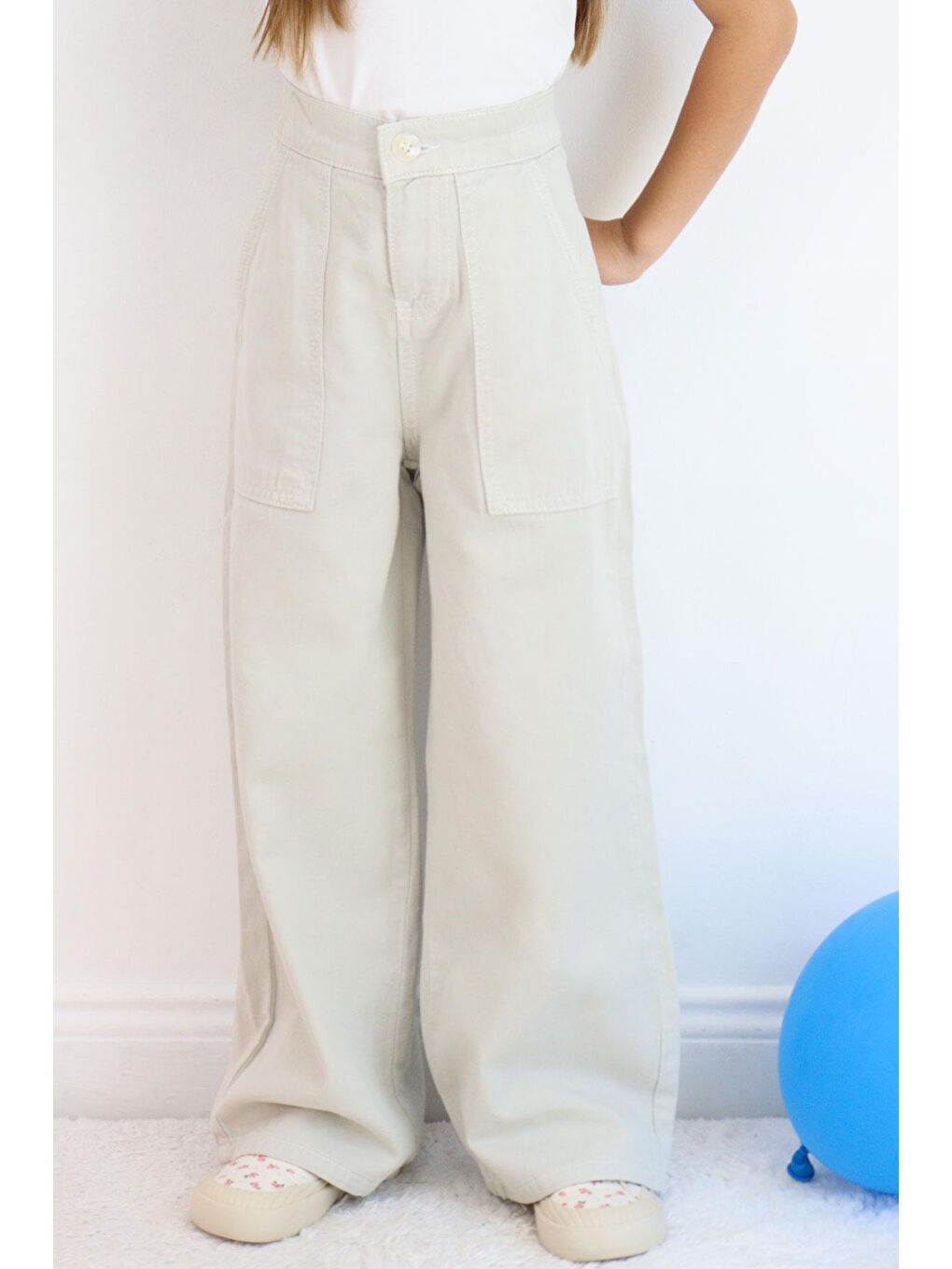 Bej Kız Çocuk Gabardin Pantolon Geniş Paça Beli Lastikli Taş (5-9 Yaş)