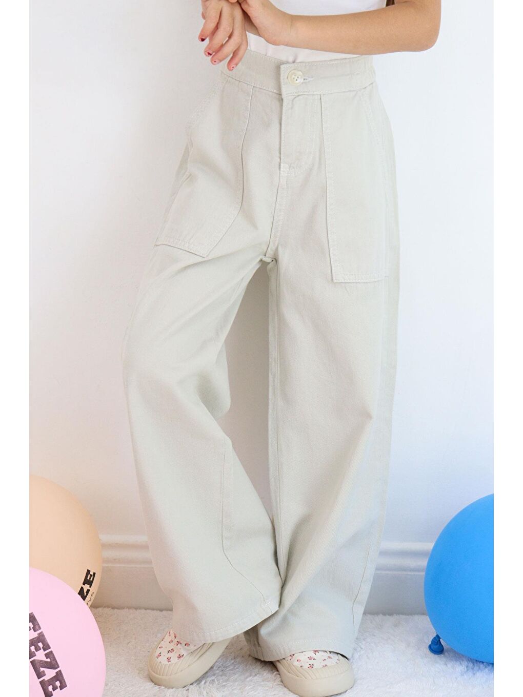 Bej Kız Çocuk Gabardin Pantolon Geniş Paça Beli Lastikli Taş (5-9 Yaş)-1