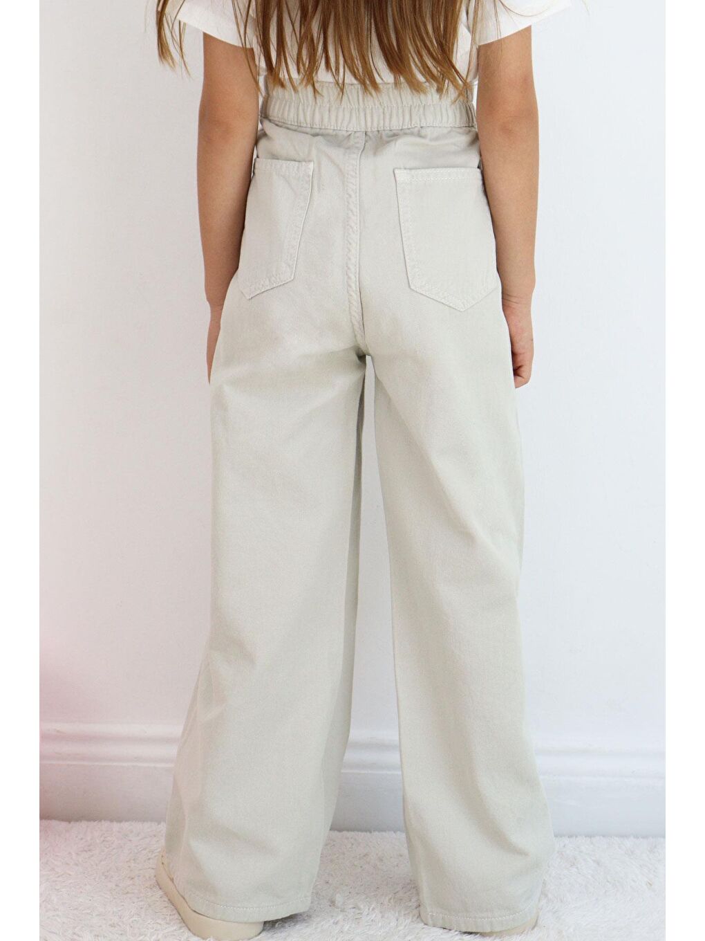 Bej Kız Çocuk Gabardin Pantolon Geniş Paça Beli Lastikli Taş (5-9 Yaş)-2