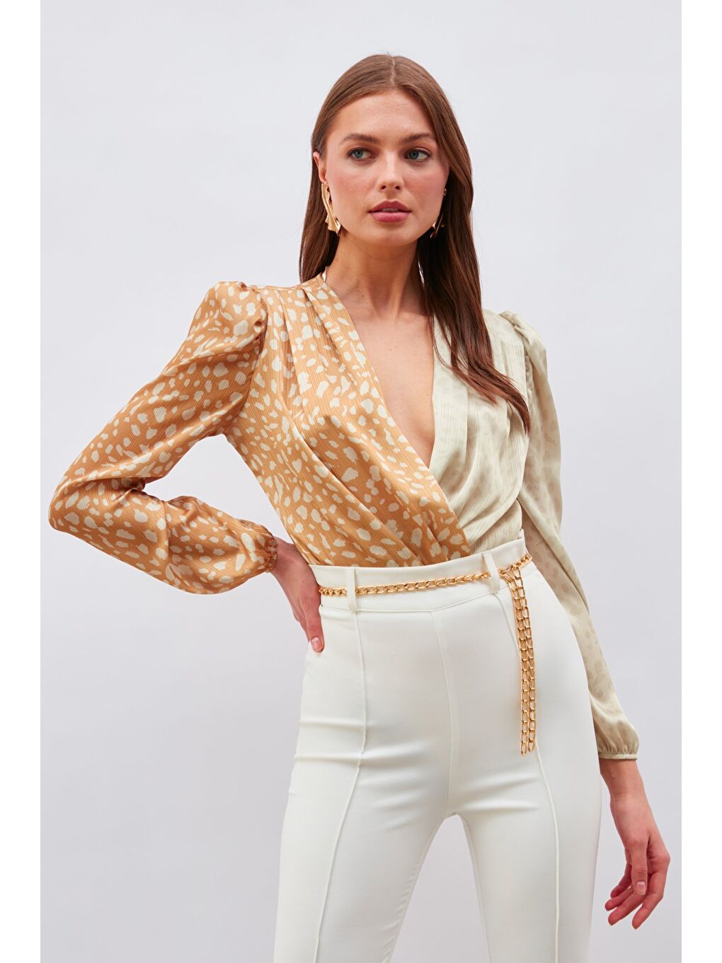 Kruvaze Desenli Bodysuit - Bej-Camel