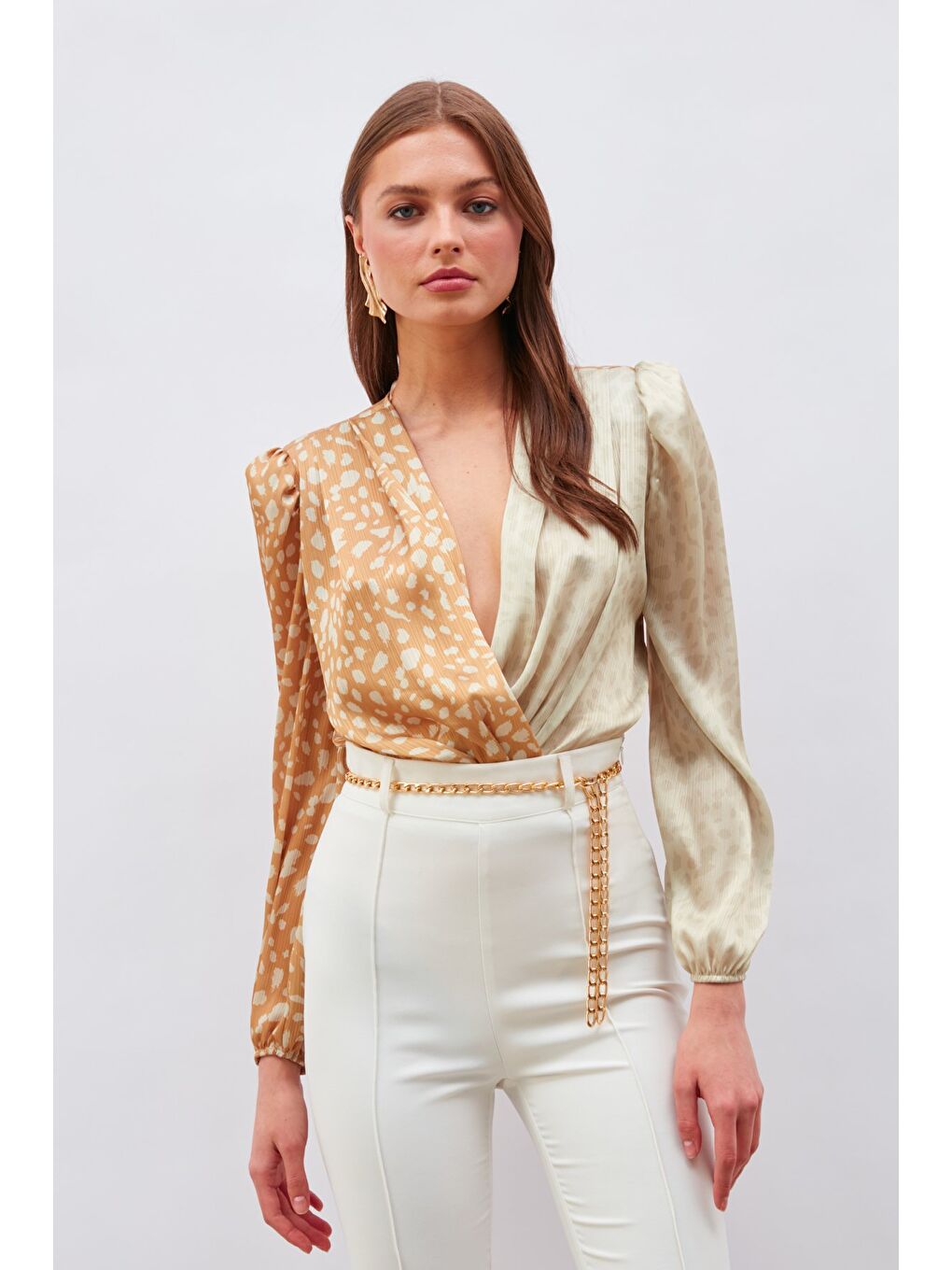 Kruvaze Desenli Bodysuit - Bej-Camel-1