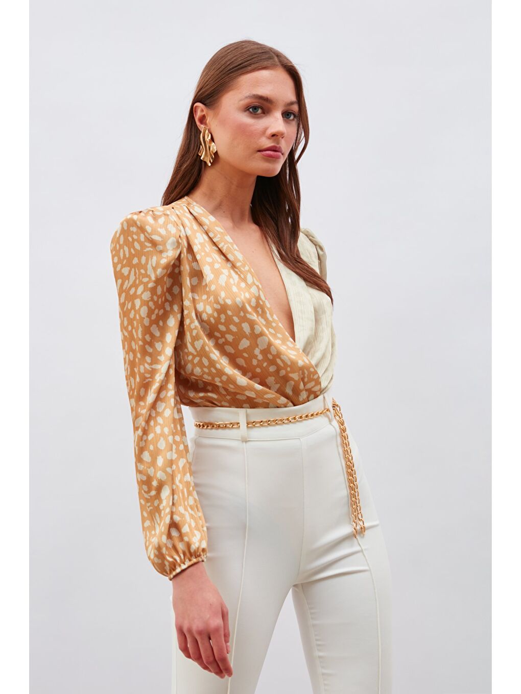 Kruvaze Desenli Bodysuit - Bej-Camel-2