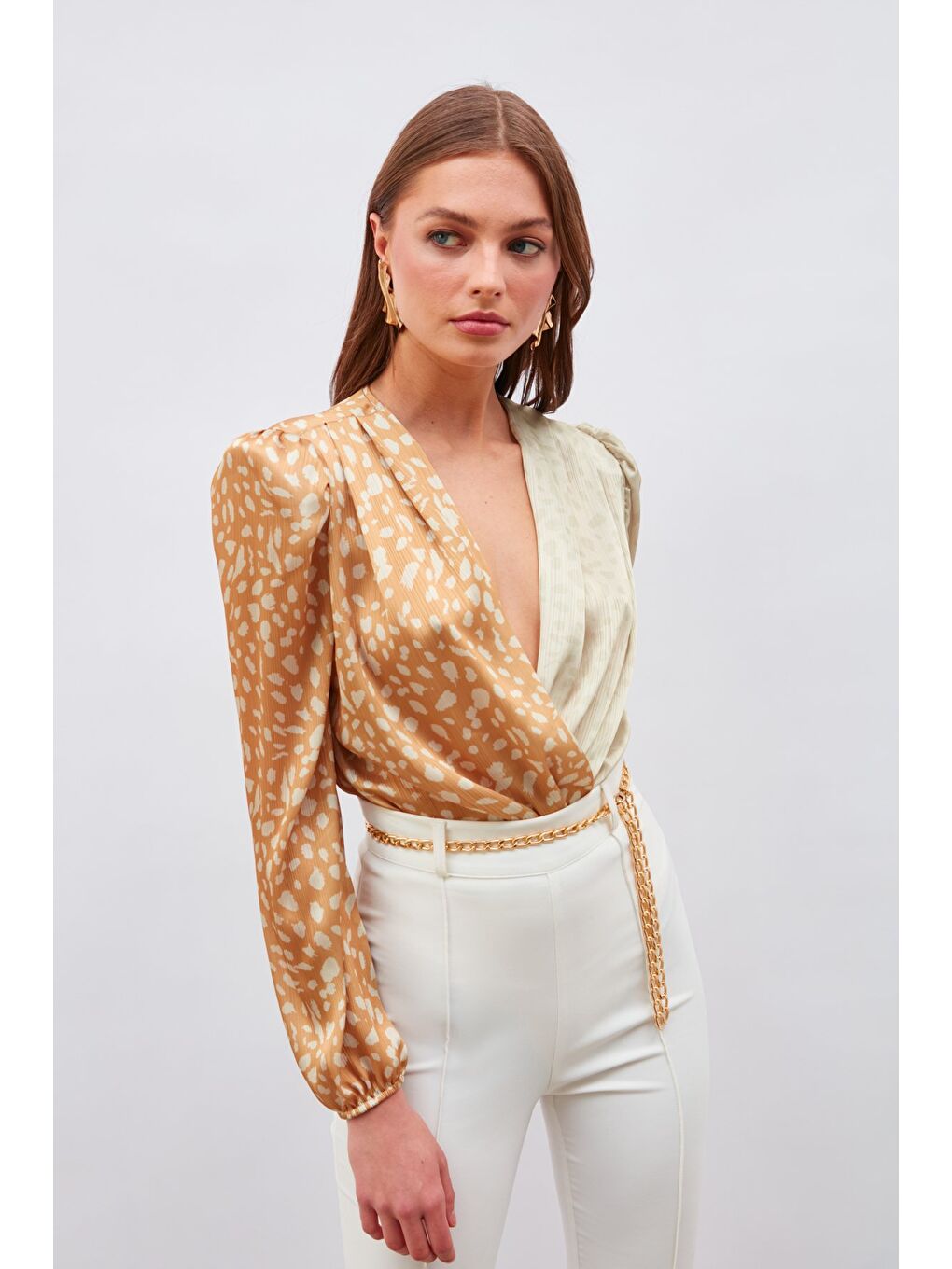 Kruvaze Desenli Bodysuit - Bej-Camel-3