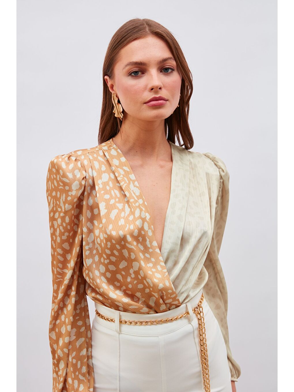 Kruvaze Desenli Bodysuit - Bej-Camel-4