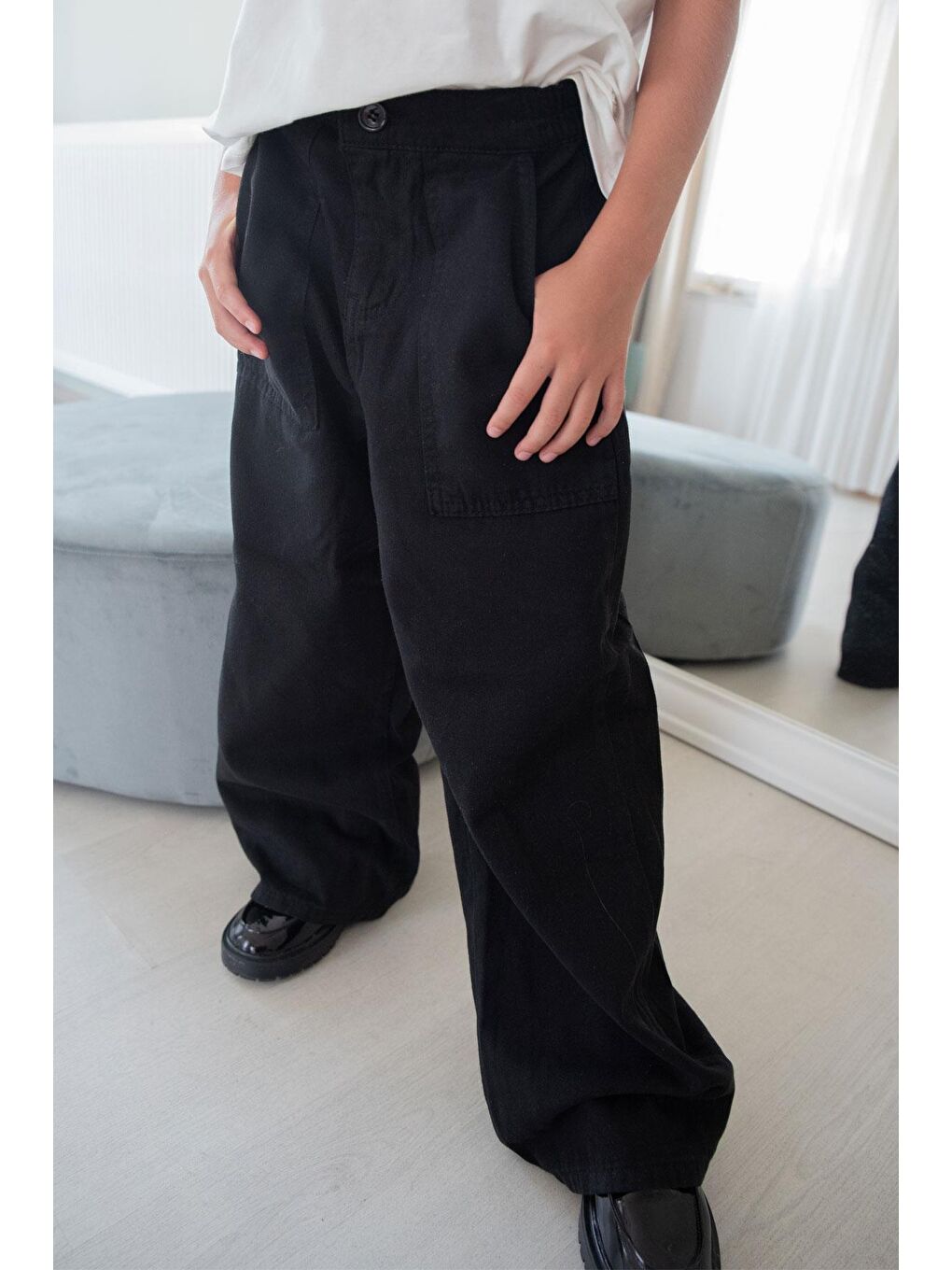 Kız Çocuk Gabardin Pantolon Geniş Paça Beli Lastikli Siyah (5-9 Yaş)