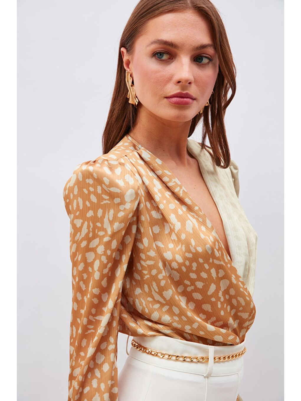 Kruvaze Desenli Bodysuit - Bej-Camel-5