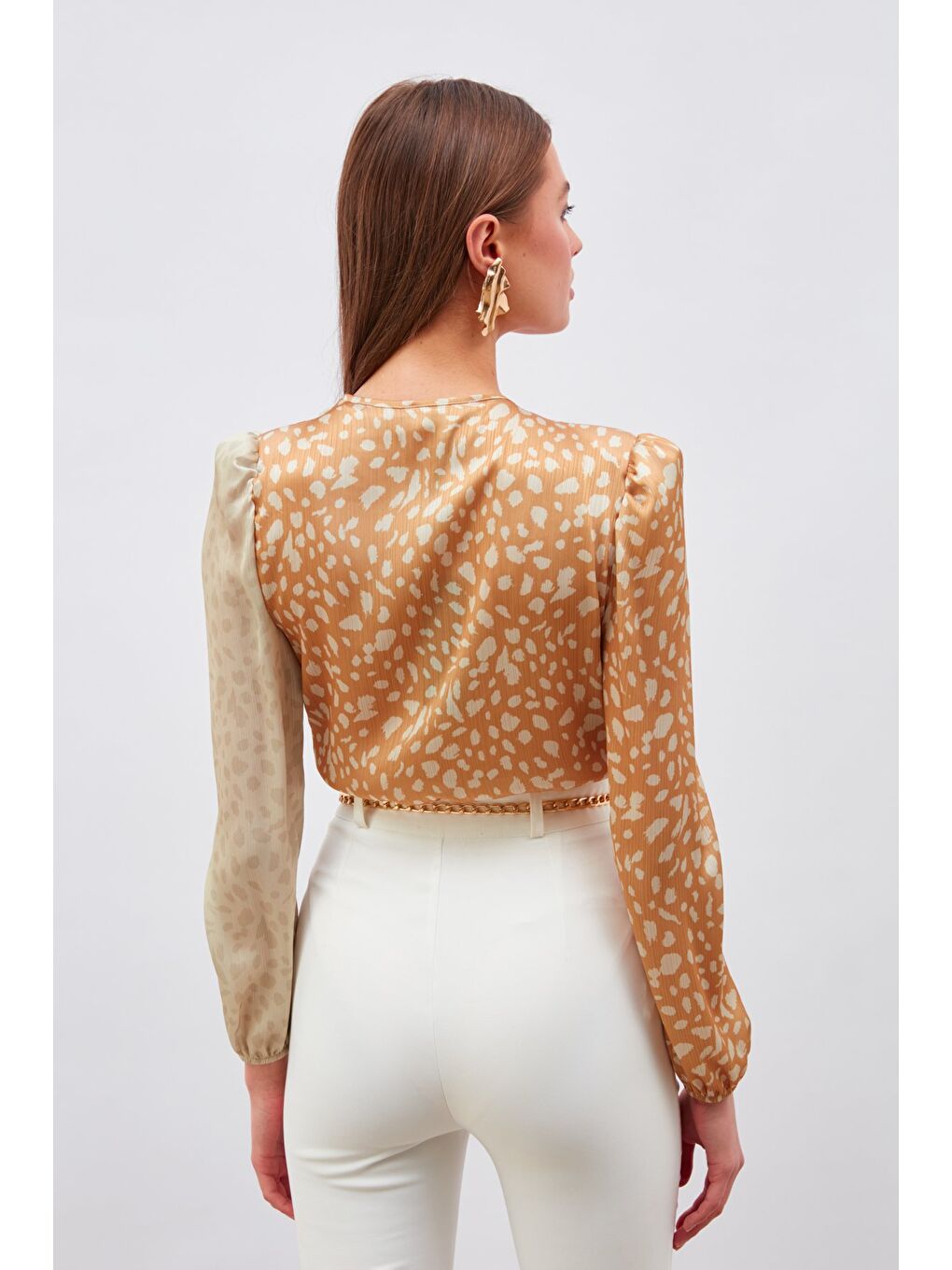 Kruvaze Desenli Bodysuit - Bej-Camel-6