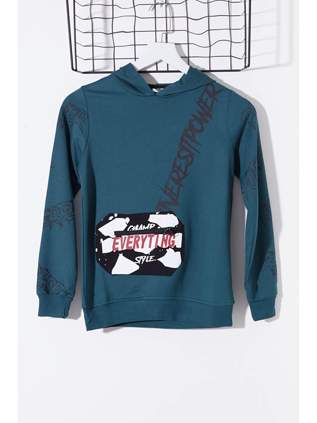 Yeşil Erkek Çocuk Everything Baskılı Kapüşonlu Sweatshirt 14017
