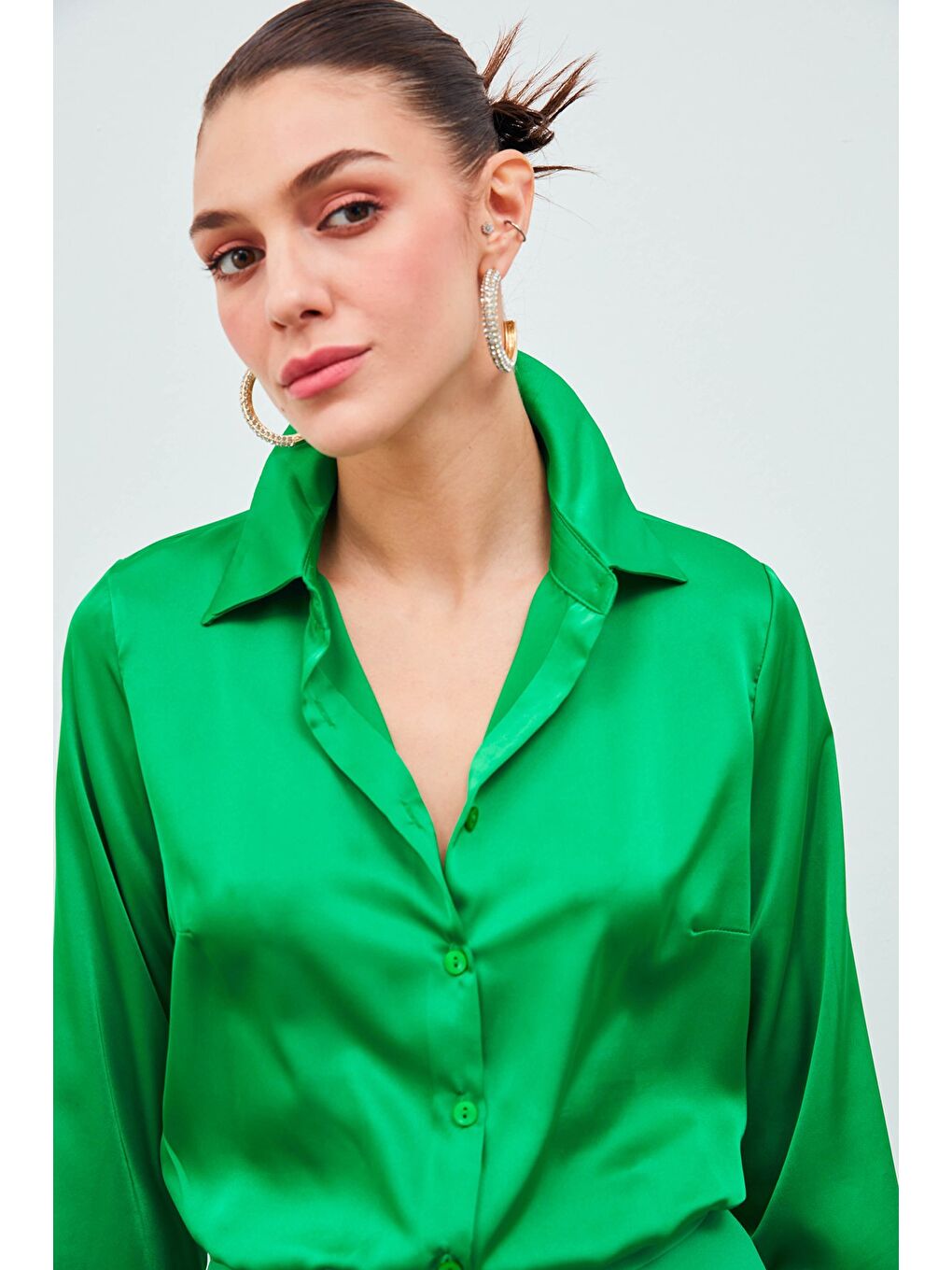 Gömlek Yaka Saten Bodysuit Bluz - Yeşil-2