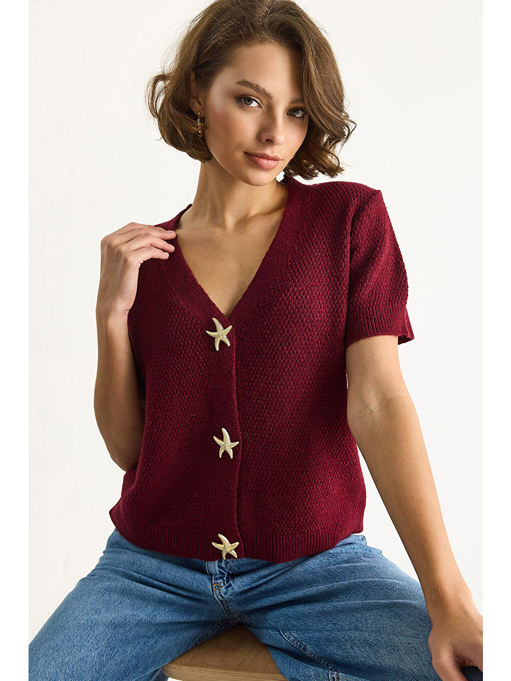 Mor Kadın Deniz Yıldızı Aksesuarlı Pirinç Örgü Kısa Kollu Triko Hırka TH