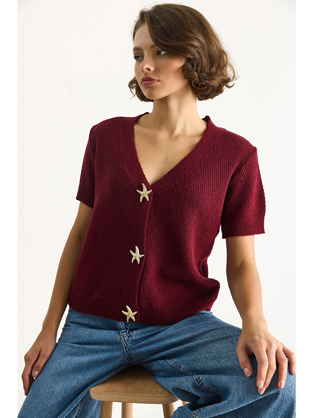 Mor Kadın Deniz Yıldızı Aksesuarlı Pirinç Örgü Kısa Kollu Triko Hırka TH-1