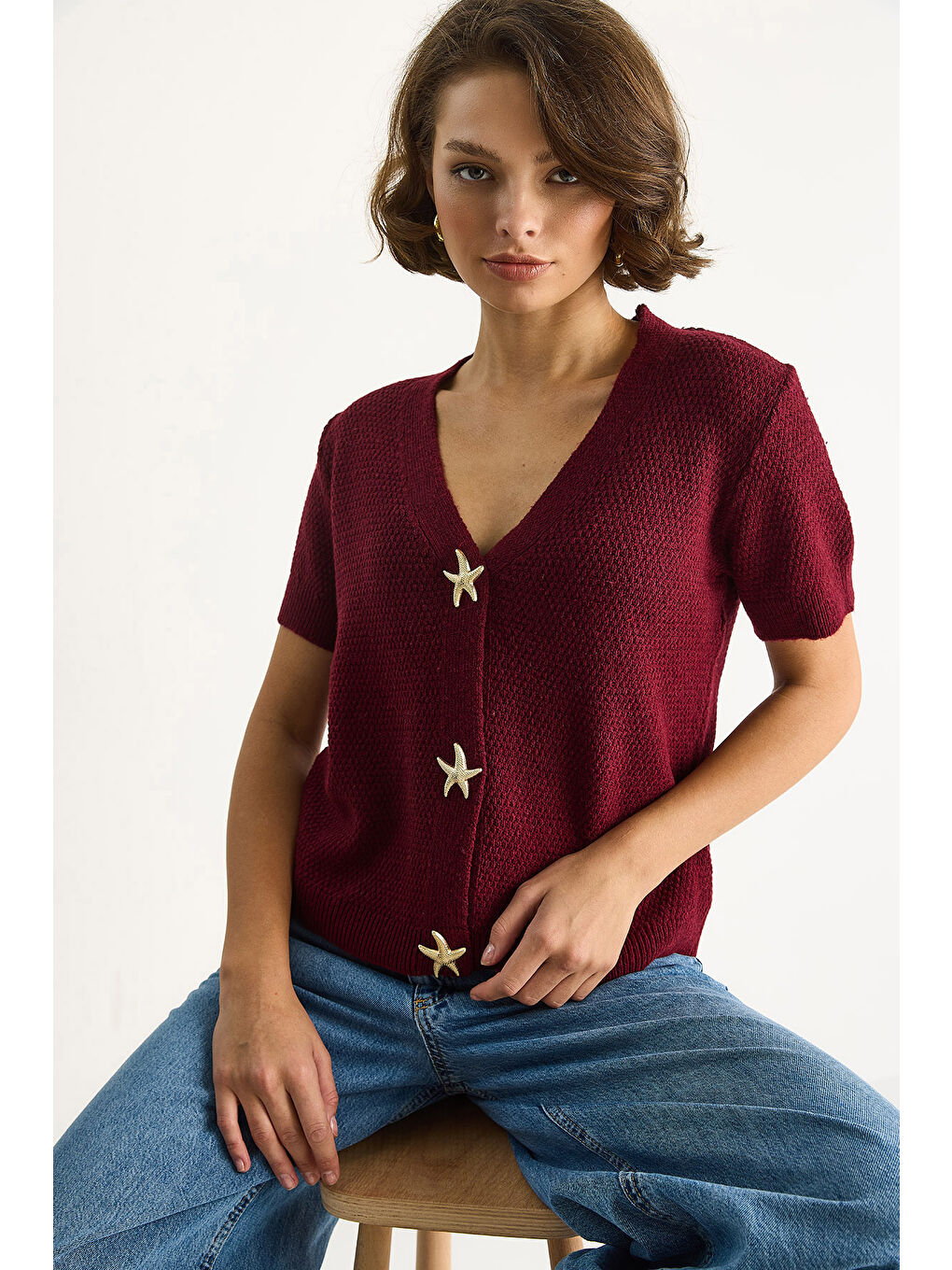 Mor Kadın Deniz Yıldızı Aksesuarlı Pirinç Örgü Kısa Kollu Triko Hırka TH-2