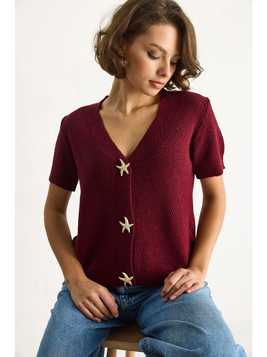 Mor Kadın Deniz Yıldızı Aksesuarlı Pirinç Örgü Kısa Kollu Triko Hırka TH-3