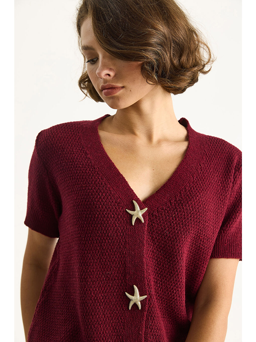 Mor Kadın Deniz Yıldızı Aksesuarlı Pirinç Örgü Kısa Kollu Triko Hırka TH-4