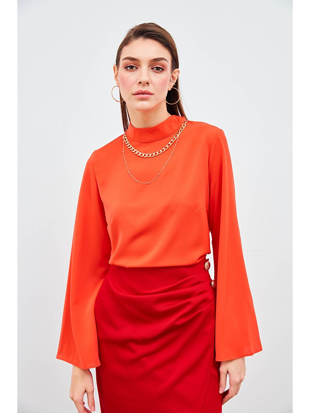 Kolyeli İspanyol Kol Bluz - Mercan