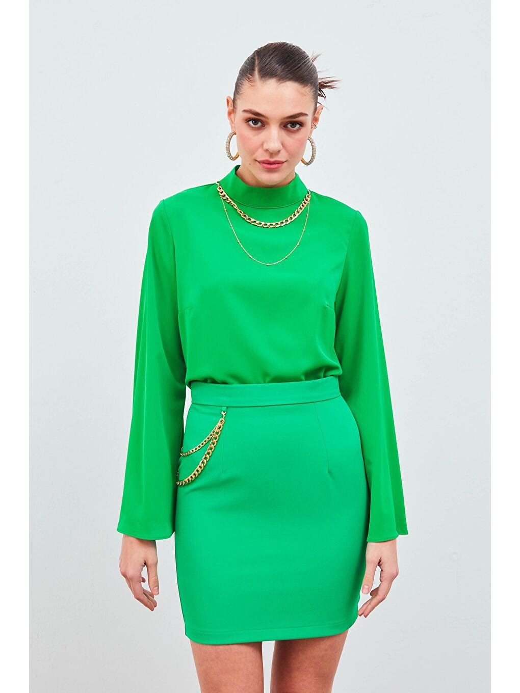 Kolyeli İspanyol Kol Bluz - Yeşil