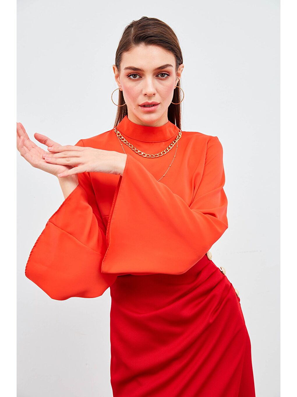 Kolyeli İspanyol Kol Bluz - Mercan-1