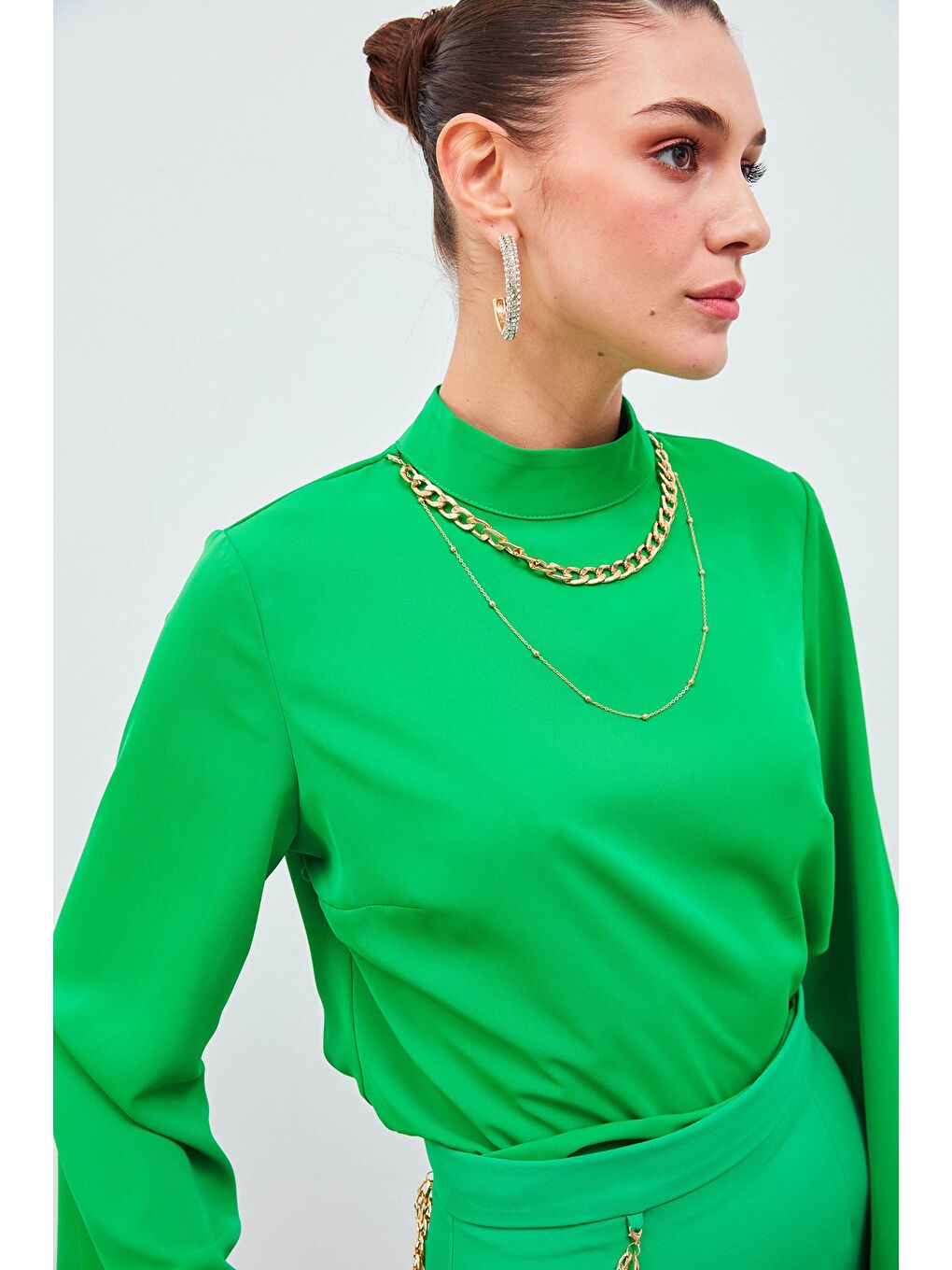 Kolyeli İspanyol Kol Bluz - Yeşil-1