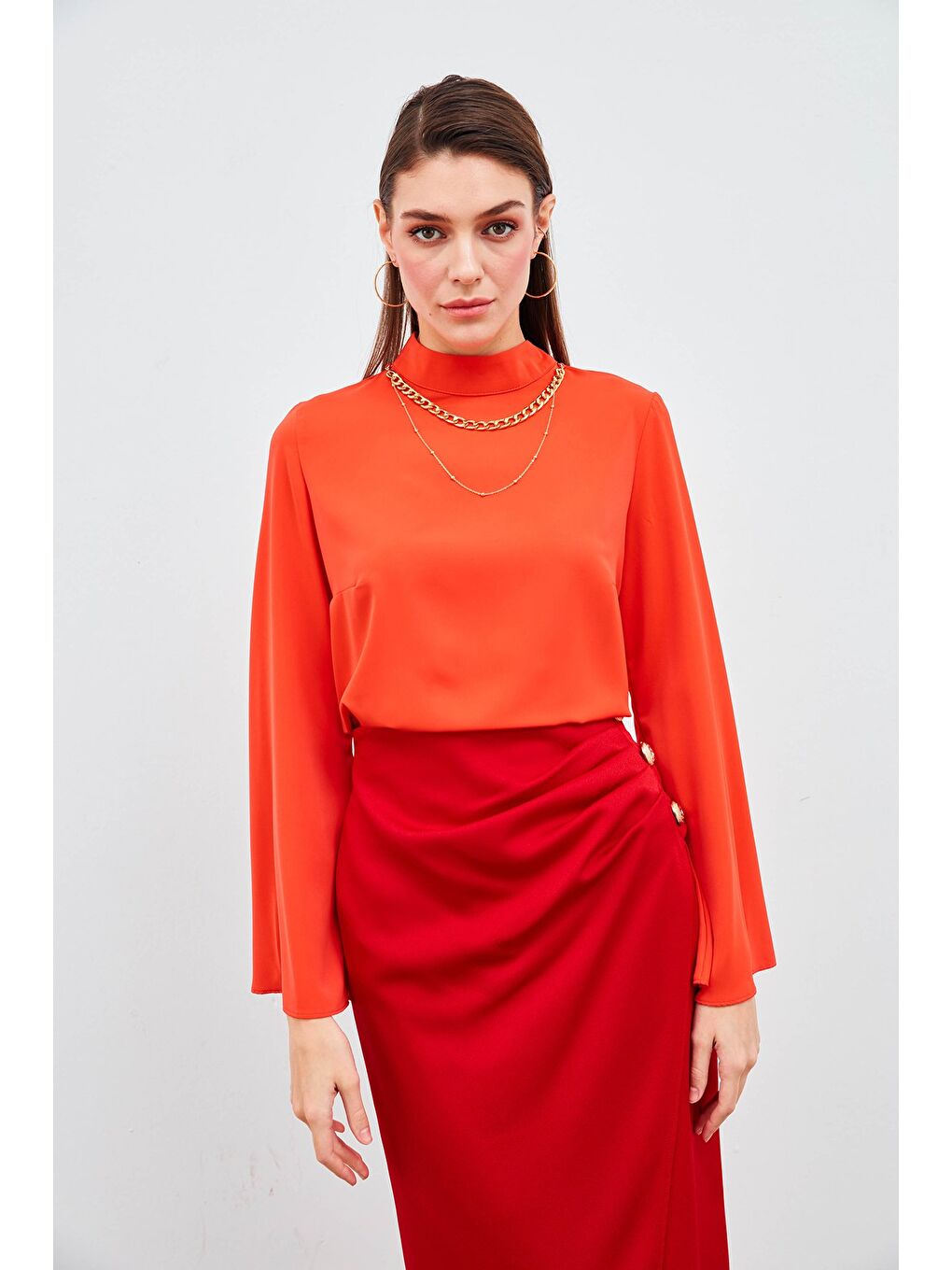 Kolyeli İspanyol Kol Bluz - Mercan-2