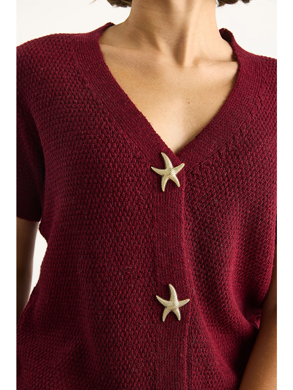 Mor Kadın Deniz Yıldızı Aksesuarlı Pirinç Örgü Kısa Kollu Triko Hırka TH-5