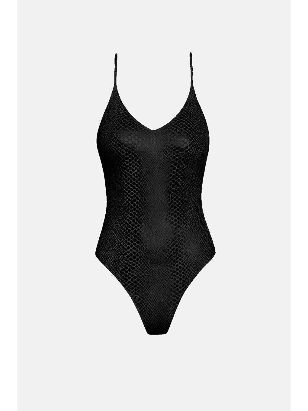 Kadın Siyah Deri Görünümlü Askılı Sırt Dekolteli İp Detaylı Üçgen Yüzücü Mayo HZL24S-AR1835-01