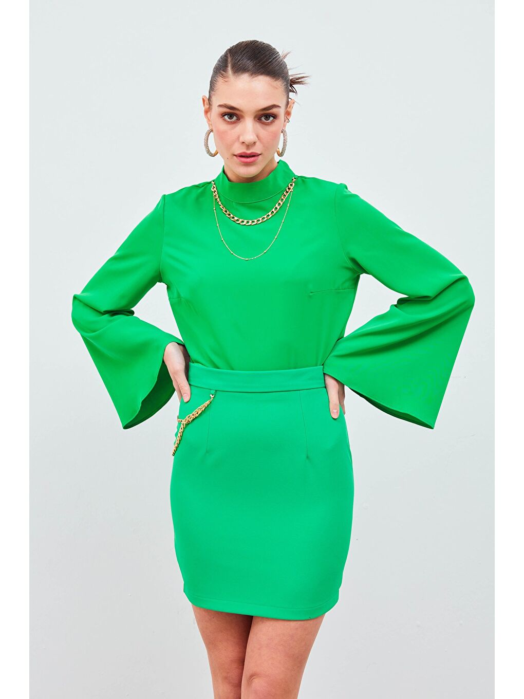 Kolyeli İspanyol Kol Bluz - Yeşil-2