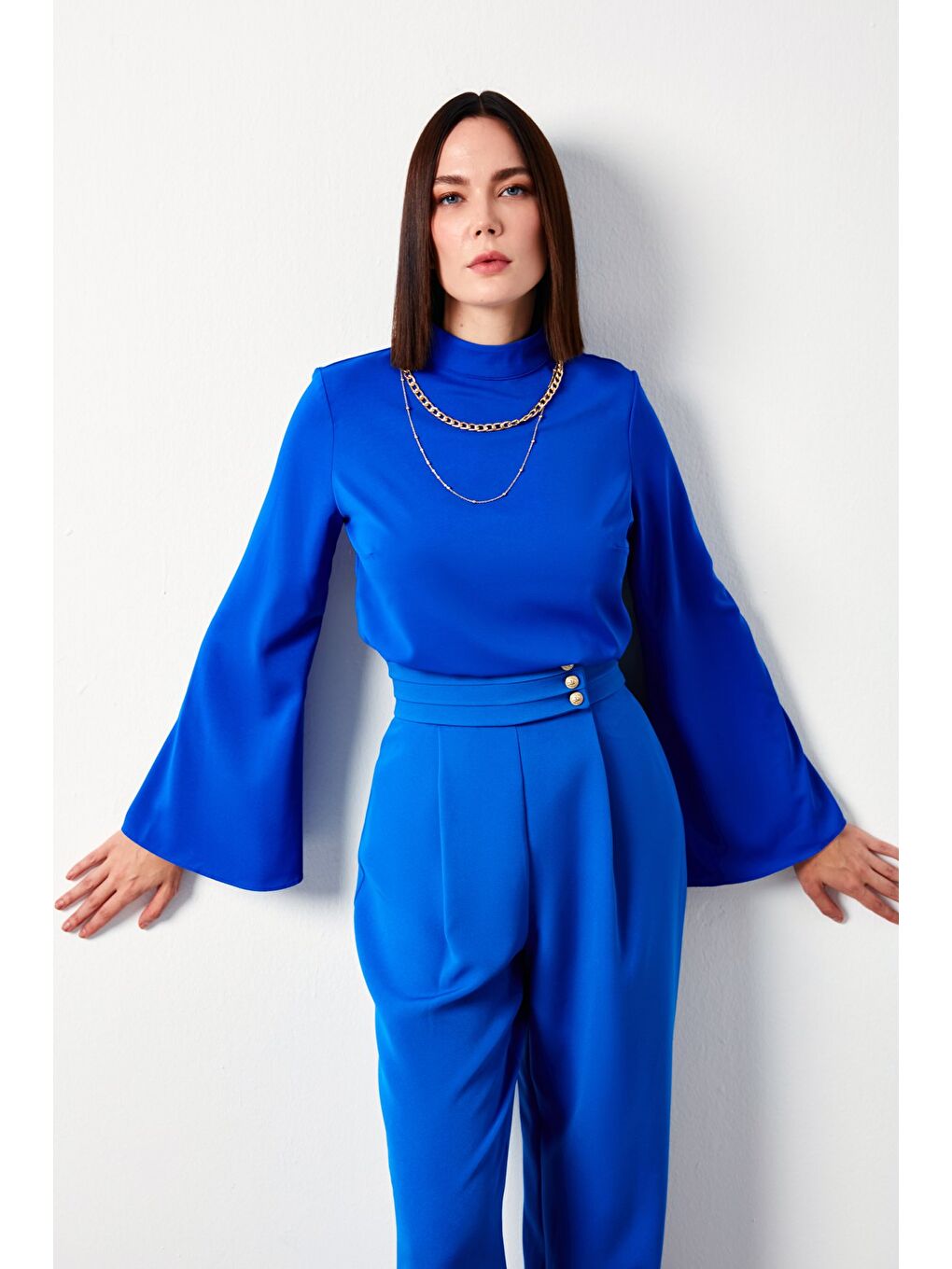 Kolyeli İspanyol Kol Bluz - Sax Mavi