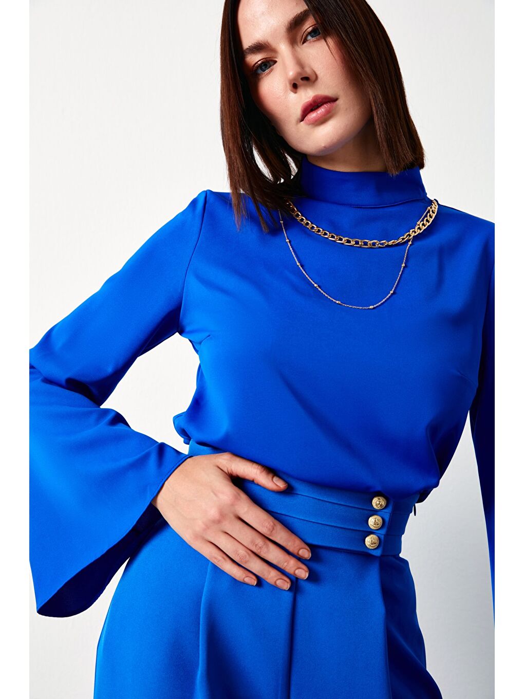 Kolyeli İspanyol Kol Bluz - Sax Mavi-1