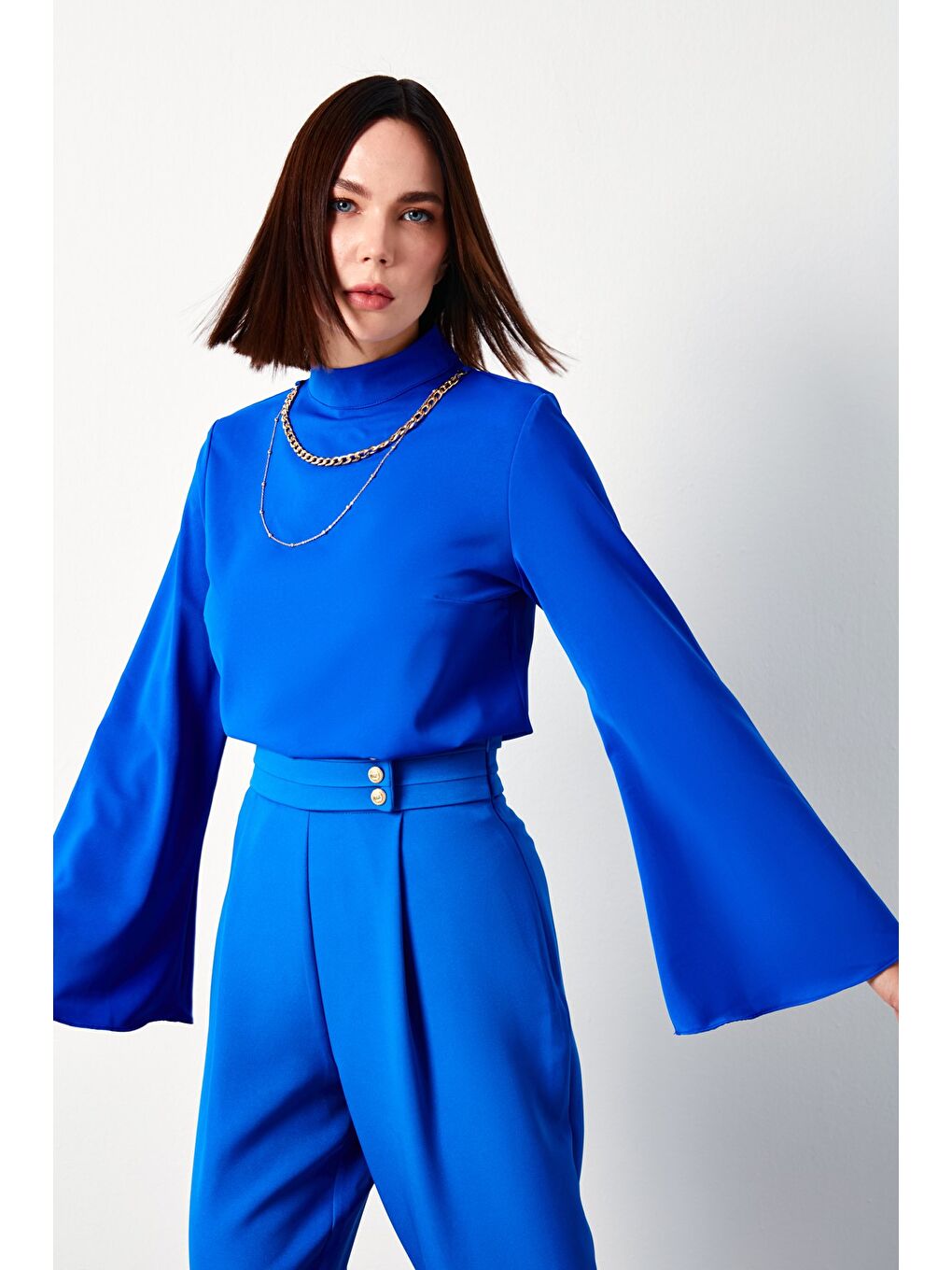 Kolyeli İspanyol Kol Bluz - Sax Mavi-2