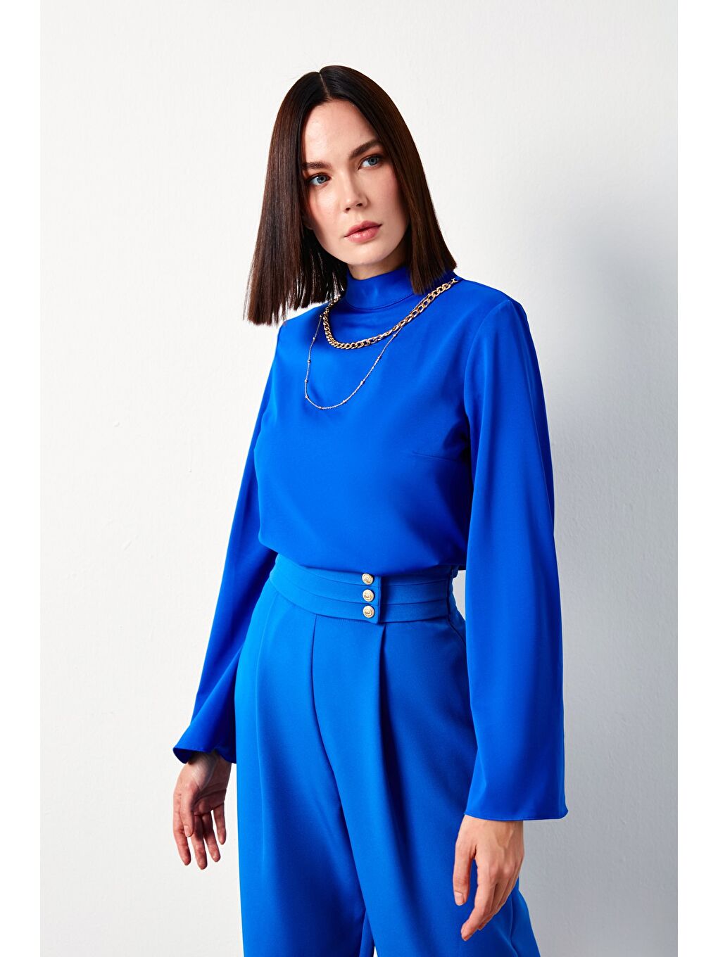 Kolyeli İspanyol Kol Bluz - Sax Mavi-3