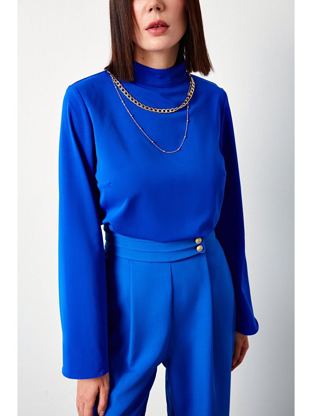 Kolyeli İspanyol Kol Bluz - Sax Mavi-4