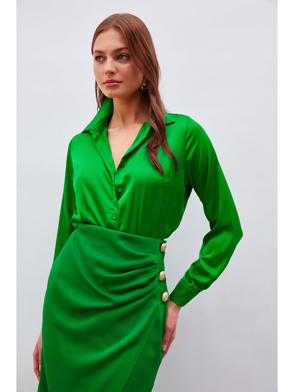 Gömlek Yaka Saten Bodysuit Bluz - K.Yeşil-1