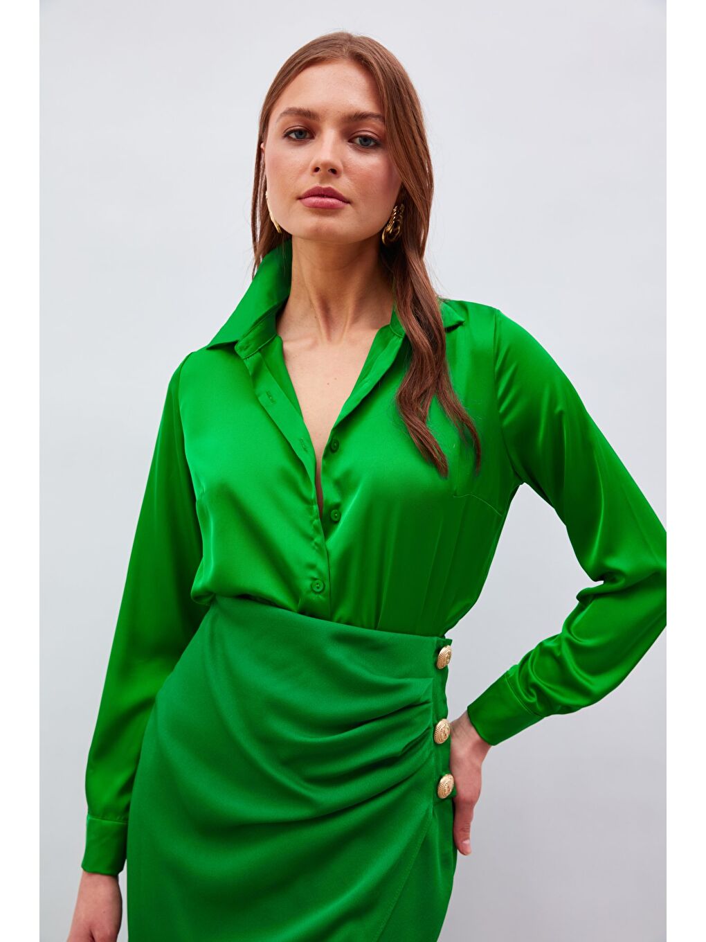 Gömlek Yaka Saten Bodysuit Bluz - K.Yeşil-2