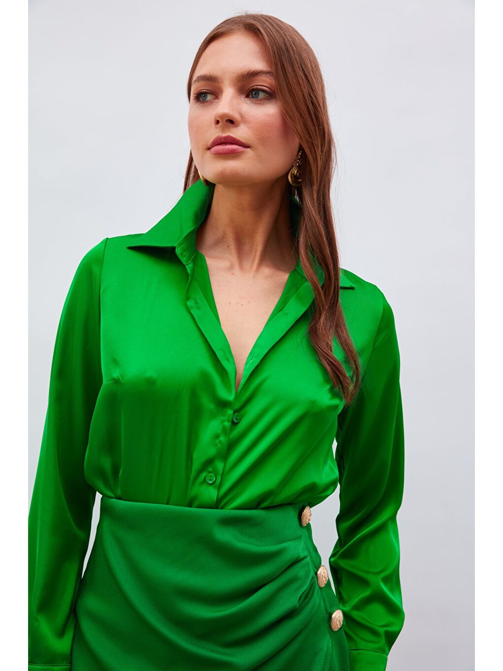 Gömlek Yaka Saten Bodysuit Bluz - K.Yeşil-4