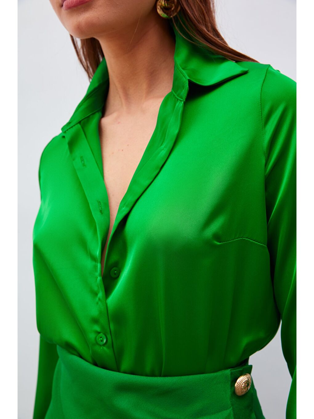 Gömlek Yaka Saten Bodysuit Bluz - K.Yeşil-5