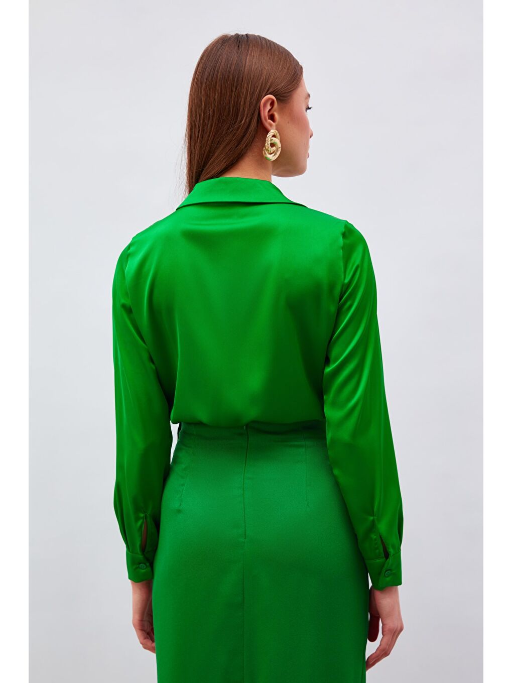 Gömlek Yaka Saten Bodysuit Bluz - K.Yeşil-6