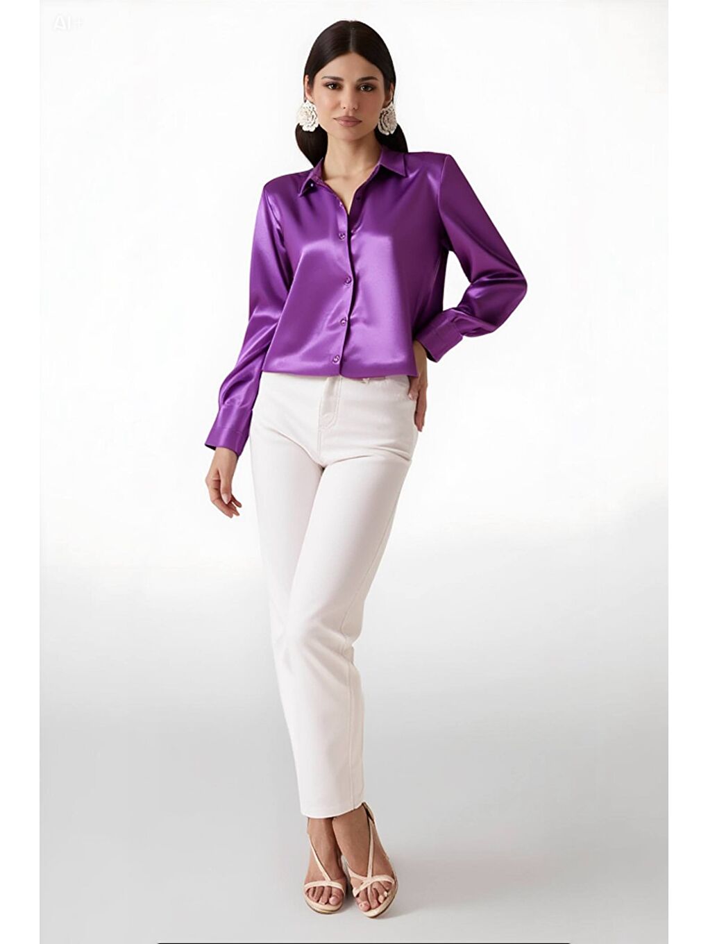 Kadın Lila Hafif Dökümlü Saten Yüzeyli Gömlek Hzl22w-bd139641-1