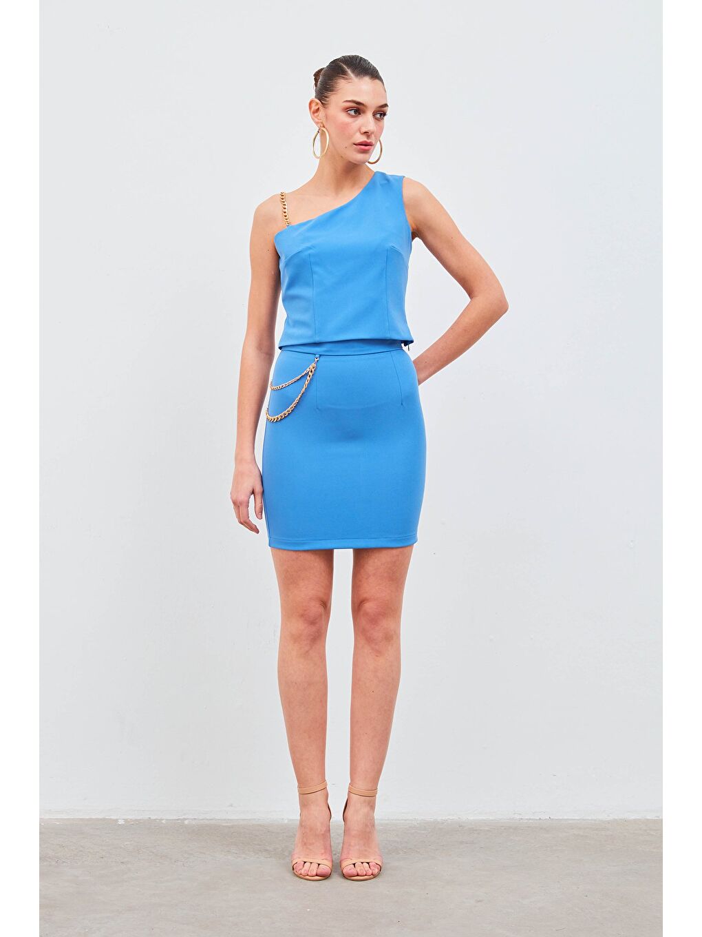 Zincir Askı Detaylı Crop Bluz - Mavi-2